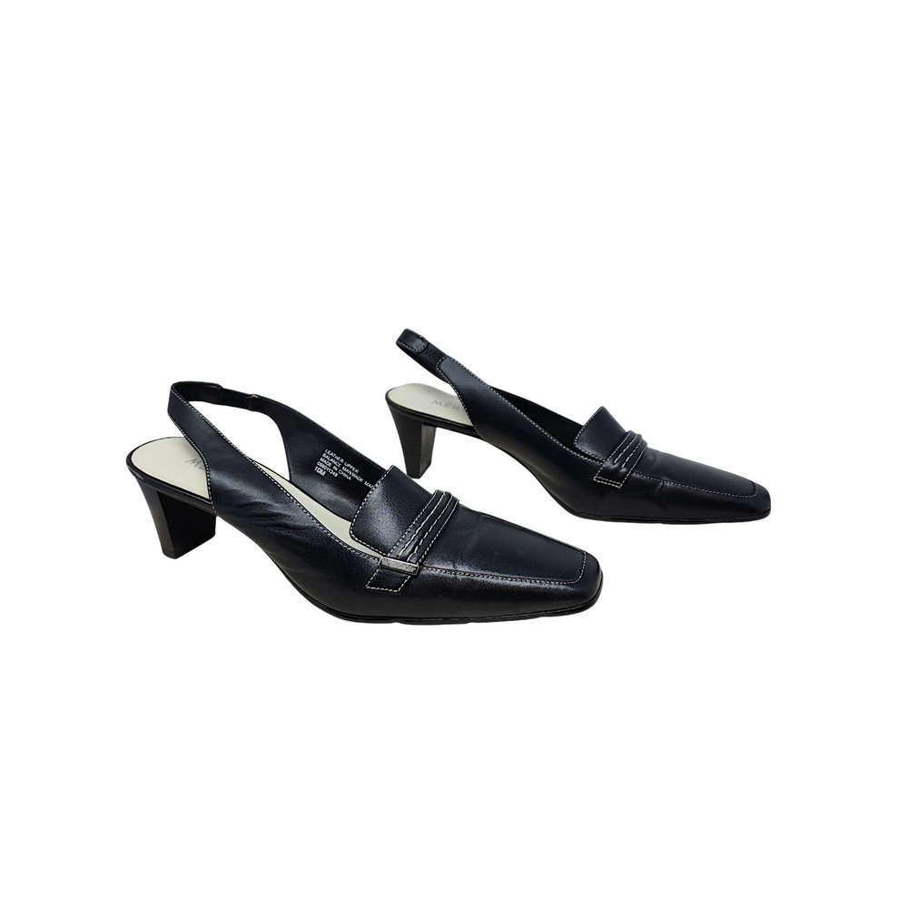 Vtg Merona Slingback Heels 10 Med Pumps Black Leather Loafer Square Toe Business